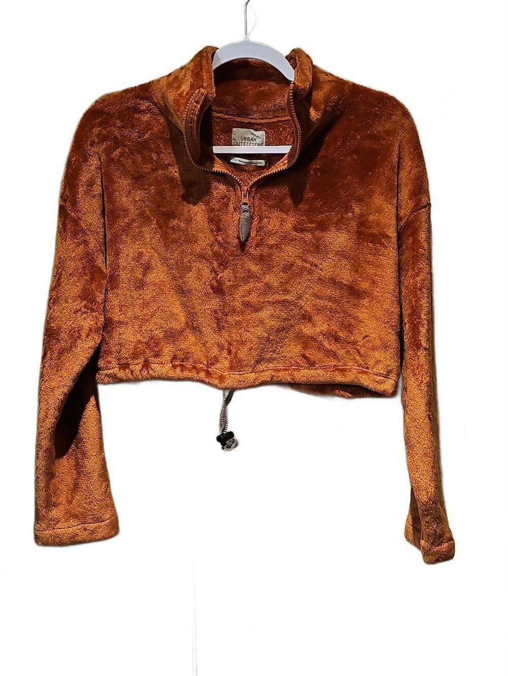Urban Outfitters Womens Quarter-Zip Fleece Cropped Sweater Small Rust Pullover